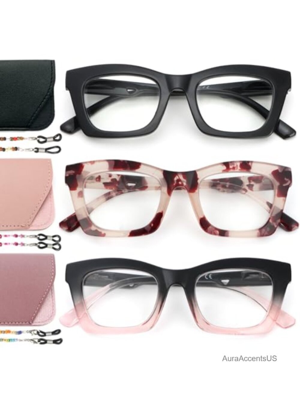 3 Pack Reading Glasses with Chain Blue Light Blocking Spring Hinge Women